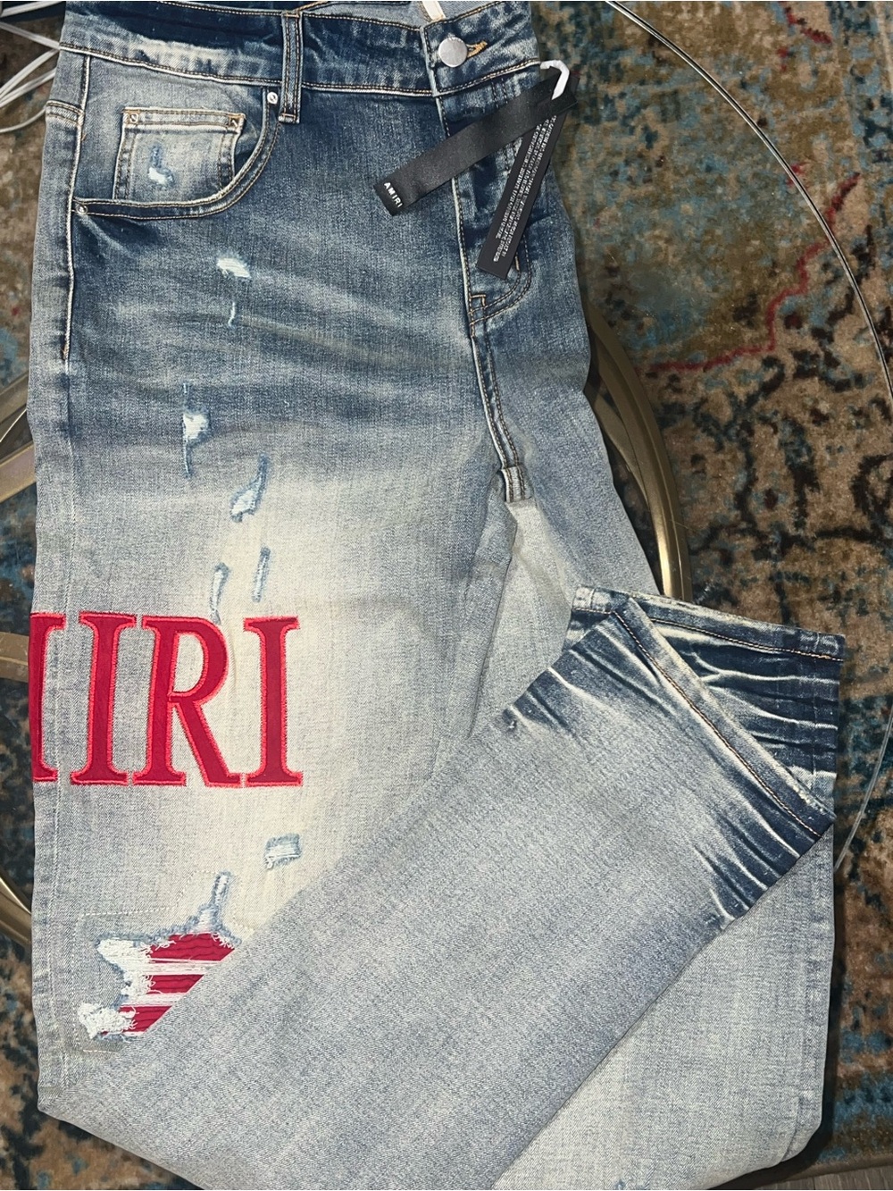 AMIRI Light Blue Distressed Slim Jeans with Red Logo